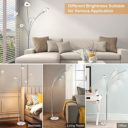 DLLT 5-Light LED Living Room Floor Lamp-Dimmable Bedroom Standing Light with Adjustable Arm & Head, Modern Contemporary Tree Tall Pole Lamps for Office with 3 Brightness Level, Warm White, Sliver