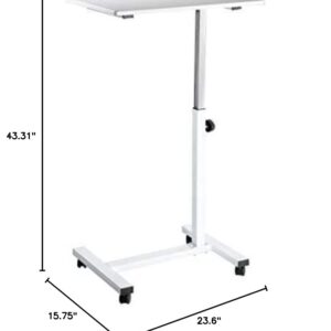 Seville Classics Solid-Top Height Adjustable Mobile Laptop Computer Desk Cart Ergonomic Home Office Stand Rolling Table, Overbed (23.6"), White