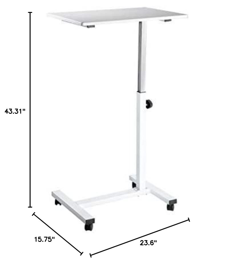 Seville Classics Solid-Top Height Adjustable Mobile Laptop Computer Desk Cart Ergonomic Home Office Stand Rolling Table, Overbed (23.6"), White