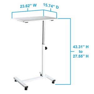 Seville Classics Solid-Top Height Adjustable Mobile Laptop Computer Desk Cart Ergonomic Home Office Stand Rolling Table, Overbed (23.6"), White