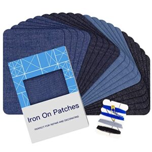 iron on patches for clothing repair 20pcs, denim patches for jeans kit 3″ by 4-1/4″, 4 shades of blue iron on jean patches for inside jeans & clothing repair