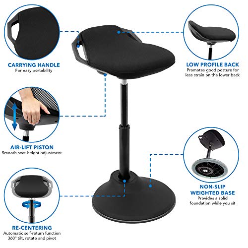 Mount-It! Ergonomic Sit Stand Stool [360° Tilt] Height Adjustable, Leaning Chair for Standing Desk, Airlift 360 Degree Sit-Stand, Sitting Balance Chair, Non-Slip Weighted Base (Black)