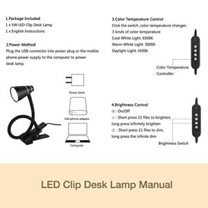 ALAMPEVER LED Clip Desk Lamp,3 Color Modes Book Light,10-Level Adjustable Brightness Dimmer Desk Lamp with Adapter, CRI 90+ Eye Protection Clip on Desk Light with 2700-6500K USB Clamp Light-White