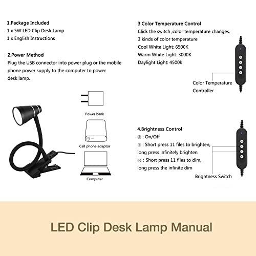 ALAMPEVER LED Clip Desk Lamp,3 Color Modes Book Light,10-Level Adjustable Brightness Dimmer Desk Lamp with Adapter, CRI 90+ Eye Protection Clip on Desk Light with 2700-6500K USB Clamp Light-White