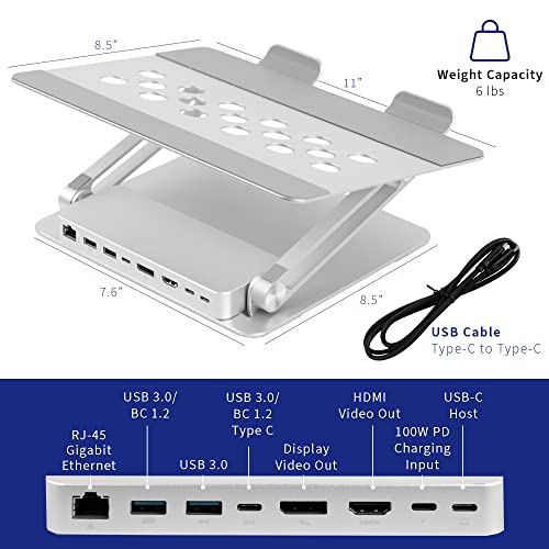 VIVO Universal 11 x 9 inch Height Adjustable Ergonomic Laptop Riser Docking Station with USB-C, USB-A, HDMI 4K60, DP 4K60, PD, RJ45, Tabletop Desk Stand Power Hub, Silver, STAND-V000LD