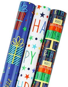 maypluss birthday wrapping paper roll – mini roll – 17 inch x 120 inch per roll – blue gifts design (42.3 sq.ft.ttl)