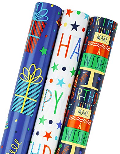 MAYPLUSS Birthday Wrapping Paper Roll - Mini Roll - 17 inch X 120 inch Per roll - Blue Gifts Design (42.3 sq.ft.ttl)