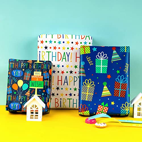 MAYPLUSS Birthday Wrapping Paper Roll - Mini Roll - 17 inch X 120 inch Per roll - Blue Gifts Design (42.3 sq.ft.ttl)