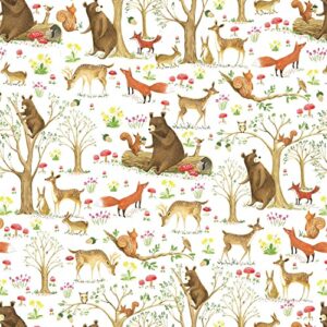 colors of rainbow flat sheet wrapping paper featuring enchanted fairytale forest with animal friends squirrels foxes rabbits and bears gift wrap (fairytale forest)
