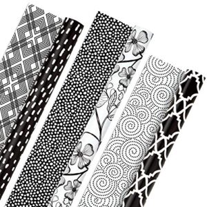 hallmark all occasion reversible wrapping paper bundle – black and white flowers and dots (3-pack: 75 sq. ft. ttl.) for birthdays, weddings, graduations, valentine’s day, anniversaries, christmas