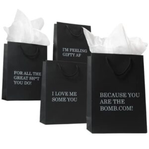 fay people black gift bags with tissue paper – 8 design options – 4pk medium size black gift bags with handles; birthday gift bags or gifts bags for men