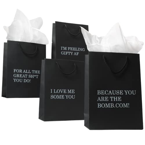 Fay People Black Gift Bags With Tissue Paper - 8 Design Options - 4pk Medium Size Black Gift Bags With Handles; Birthday Gift Bags Or Gifts Bags For Men