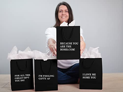 Fay People Black Gift Bags With Tissue Paper - 8 Design Options - 4pk Medium Size Black Gift Bags With Handles; Birthday Gift Bags Or Gifts Bags For Men