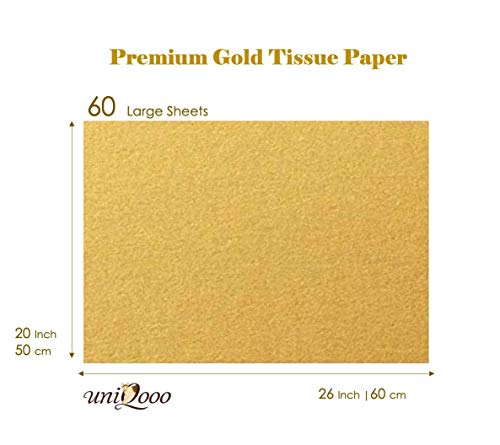 UNIQOOO 60 Sheets Metallic Gold Foil Gift Tissue Paper Bulk, Large 20X26 Inch, Recyclable Durable For Gift Bags Box Gift Wrapping DIY Craft, Wedding Birthday Party Favor Decor, Shredded Filler, Pinata