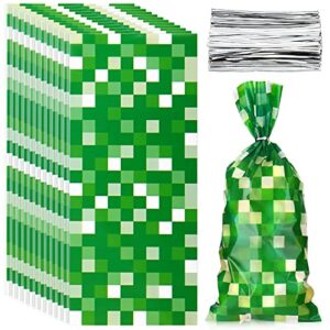 100 pcs pixel mine party favors bags green treat bags st. patrick’s day cellophane candy bags with 150 silver twist ties for pixel themed birthday party supplies irish day party favor
