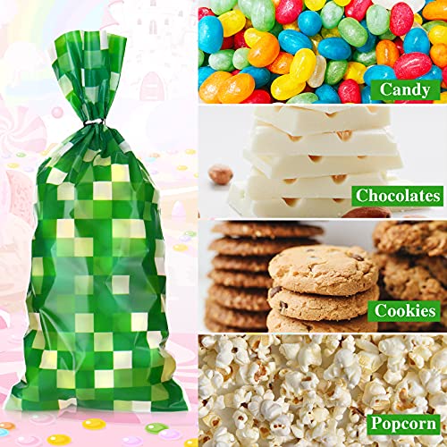 100 Pcs Pixel Mine Party Favors Bags Green Treat Bags St. Patrick's Day Cellophane Candy Bags with 150 Silver Twist Ties for Pixel Themed Birthday Party Supplies Irish Day Party Favor