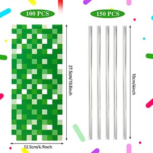 100 Pcs Pixel Mine Party Favors Bags Green Treat Bags St. Patrick's Day Cellophane Candy Bags with 150 Silver Twist Ties for Pixel Themed Birthday Party Supplies Irish Day Party Favor