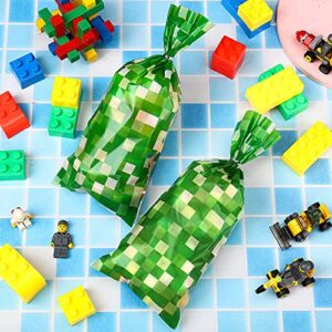 100 Pcs Pixel Mine Party Favors Bags Green Treat Bags St. Patrick's Day Cellophane Candy Bags with 150 Silver Twist Ties for Pixel Themed Birthday Party Supplies Irish Day Party Favor