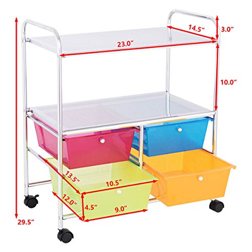 Giantex Rolling Storage Cart w/ 4 Drawers 2 Shelves Metal Rack Shelf Home Office School Beauty Salon Utility Organizer Cart with Wheels (Blue Green Orange & Red)