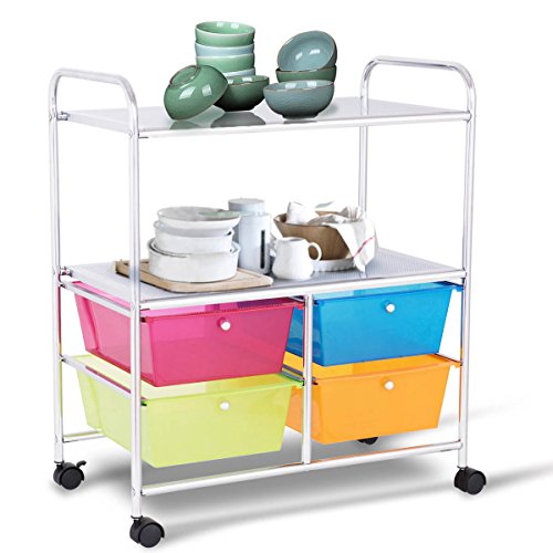 Giantex Rolling Storage Cart w/ 4 Drawers 2 Shelves Metal Rack Shelf Home Office School Beauty Salon Utility Organizer Cart with Wheels (Blue Green Orange & Red)