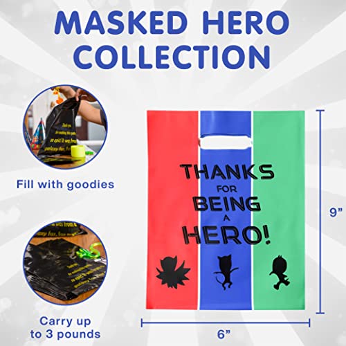 Party Favor Plastic Goodie Bags with Handles- Theme Birthday Supplies Gift Bag for Kids and Adults – Hero Masks (24 Pack)