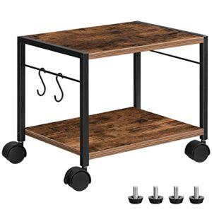 alloswell mobile printer stand, 2-tier printer cart with storage, under desk storage rolling cart on wheels and 2 hooks, industrial printer table, for home, office, scanner, rustic brown pthr2001