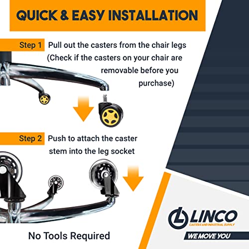 Linco 3” Heavy Duty Swivel Office Chair Wheels - Set of 5 Polyurethane Furniture Wheels with 11mm Stem Size - Replacement Wheels for Office Chair, Gaming Chairs - Capacity: 600 lbs