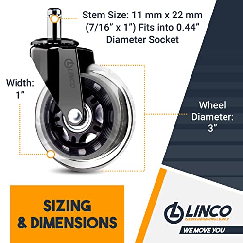 Linco 3” Heavy Duty Swivel Office Chair Wheels - Set of 5 Polyurethane Furniture Wheels with 11mm Stem Size - Replacement Wheels for Office Chair, Gaming Chairs - Capacity: 600 lbs