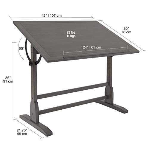 SD STUDIO DESIGNS Vintage Solid Wood Drawing 42" x 30" Angle Adjustable Top Drafting Table, 42", Slate Gray