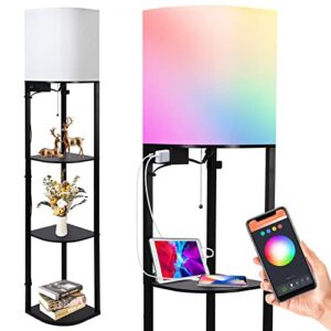 LUNSY Floor Lamp with Shelves, Smart RGB Shelf Floor Lamp with 2 USB Ports & 1 Power Outlet, Modern Display Floor Lamps with RGB Bulb, Standing Lamp for Living Room, Bedroom and Office - Black