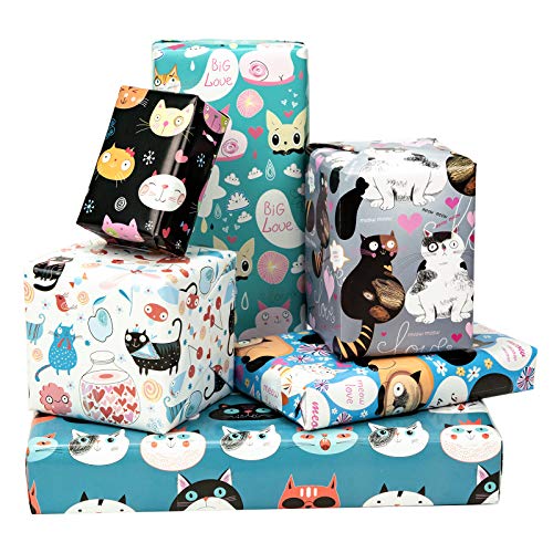 MAYPLUSS Wrapping Paper Large Sheet - Folded Flat - 6 Different Cat Design (45.2 sq. ft.ttl.) - 27.5 inch X 39.4 inch Per Sheet