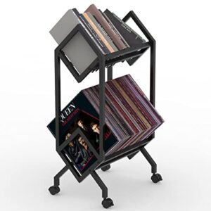 moomlife mobile vinyl record storage rack, lp storage shelf, record holder for albums, magazine display, book and files organizer, 2 tier vinyl record stand with matte black metal