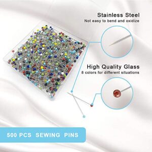 500PCS Sewing Pins for Fabric, Straight Pins with Colored Ball Glass Heads Long 1.5inch, Quilting Pins for Dressmaker, Jewelry DIY Decoration, Craft and Sewing Project by Sunenlyst