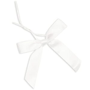 100 pack white twist tie bows for crafts, pre-tied satin ribbon for gift wrap bags, party favors, baked goods (2.5 x 3 in)