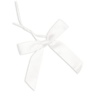 100 Pack White Twist Tie Bows for Crafts, Pre-Tied Satin Ribbon for Gift Wrap Bags, Party Favors, Baked Goods (2.5 x 3 in)