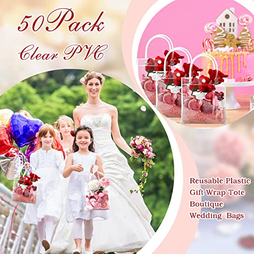 50 Pieces Clear PVC Plastic Gift Bags with Handles Transparent Gift Bags Reusable Plastic Gift Wrap Tote Bags for Bachelorette Bridesmaid Wedding Back to School Baby Shower (5.9 x 6.3 x 2.8 Inches)