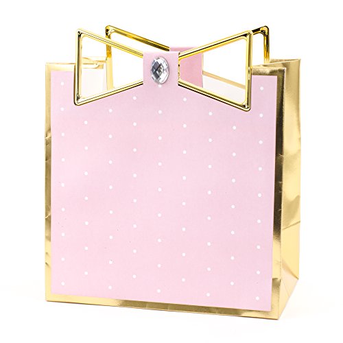 Hallmark Signature 7" Medium Gift Bag (Pink with Gold Border and Metallic Bow) for Mothers Day, Birthdays, Engagements, Valentines Day, Sweetest Day and More