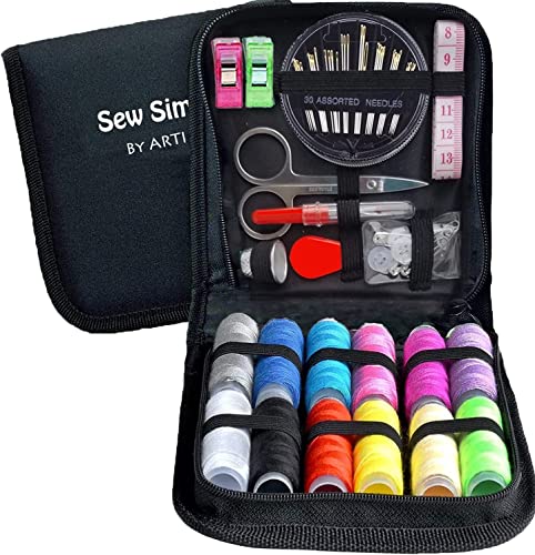 Artika Travel Sewing Kit for Adults & Kids - Mini Size, Beginner Emergency Needle and Thread Kit w/ Scissors, Thimble, Tape Measure, Thread Tape and Clips - Sewing Supplies and Accessories