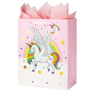 13″ large gift bag for girls and kids birthday baby shower with tissue paper 1-pack (unicorn)