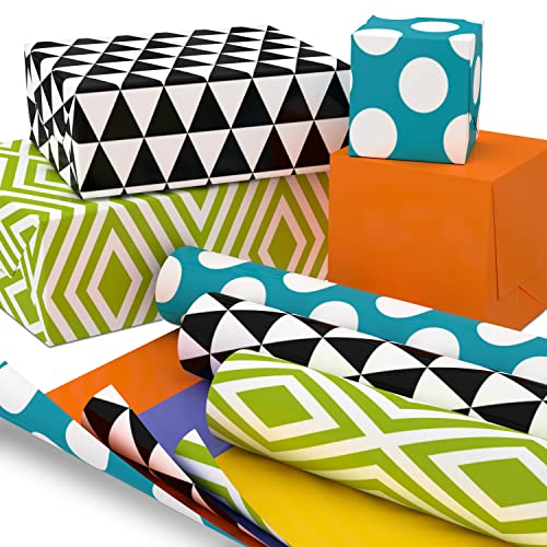 Hallmark All Occasion Reversible Wrapping Paper (3 Rolls; 75 sq. ft. ttl) Black and White Triangles, Dots Blue, Lime Green Diamonds, Solid Yellow, Orange, Blue for Birthdays, Halloween, Father's Day