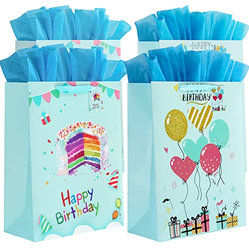 BLEWINDZ 16.5" Extra Large 4 Pack Happy Birthday Gift Bags with Tissue Paper and Tags, Huge Birthday Gift Bags for Kids Boy Girls Baby Party favors