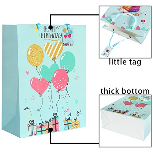 BLEWINDZ 16.5" Extra Large 4 Pack Happy Birthday Gift Bags with Tissue Paper and Tags, Huge Birthday Gift Bags for Kids Boy Girls Baby Party favors