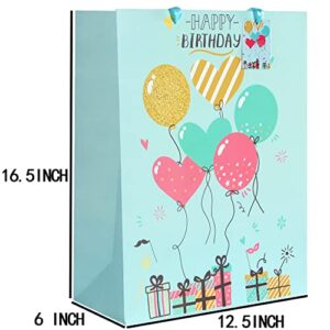 BLEWINDZ 16.5" Extra Large 4 Pack Happy Birthday Gift Bags with Tissue Paper and Tags, Huge Birthday Gift Bags for Kids Boy Girls Baby Party favors