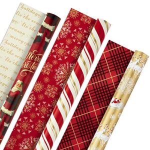 hallmark christmas reversible wrapping paper, classic (pack of 3, 120 sq. ft. ttl) red and gold snowflakes, stripes, plaid, santa’s sleigh