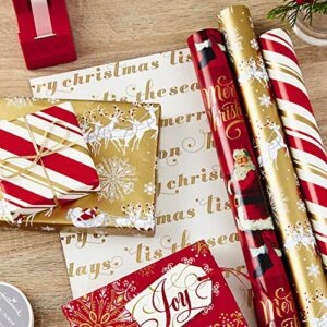 Hallmark Christmas Reversible Wrapping Paper, Classic (Pack of 3, 120 sq. ft. ttl) Red and Gold Snowflakes, Stripes, Plaid, Santa's Sleigh