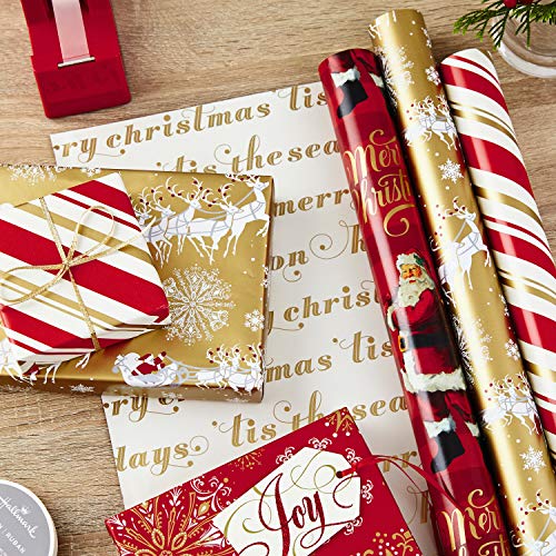 Hallmark Christmas Reversible Wrapping Paper, Classic (Pack of 3, 120 sq. ft. ttl) Red and Gold Snowflakes, Stripes, Plaid, Santa's Sleigh