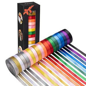 20 colors 300 yard double faced polyester satin ribbon -18 ribbon rolls & 2 glitter metallic ribbon,3/8″ x 15 yard/roll,perfect for christmas gift wrapping,hair bows & other craft projects