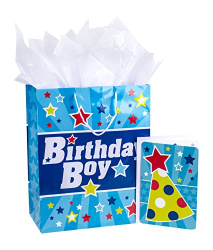 Hallmark 13" Large Gift Bag with Birthday Card and Tissue Paper (Blue with Stars, Birthday Boy)