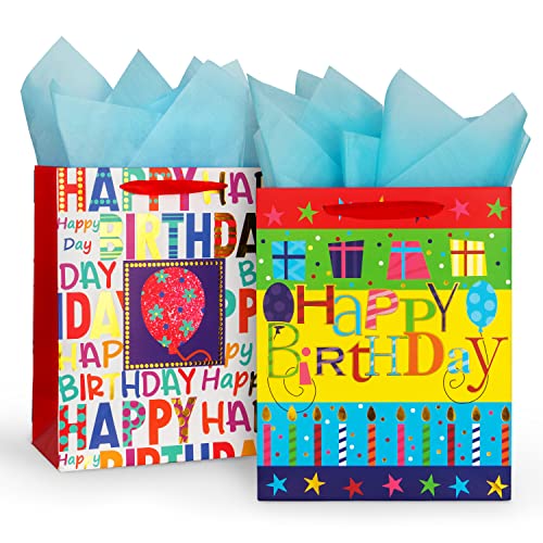 2-Pack 12.6" Large Happy Birthday Gift Bags for Birthday Party with Tissue Paper