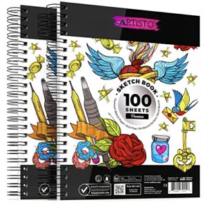 artisto 9×12″ premium sketch book set, spiral bound, pack of 2, 200 sheets (100g/m2), acid-free drawing paper, ideal for kids, teens & adults.
